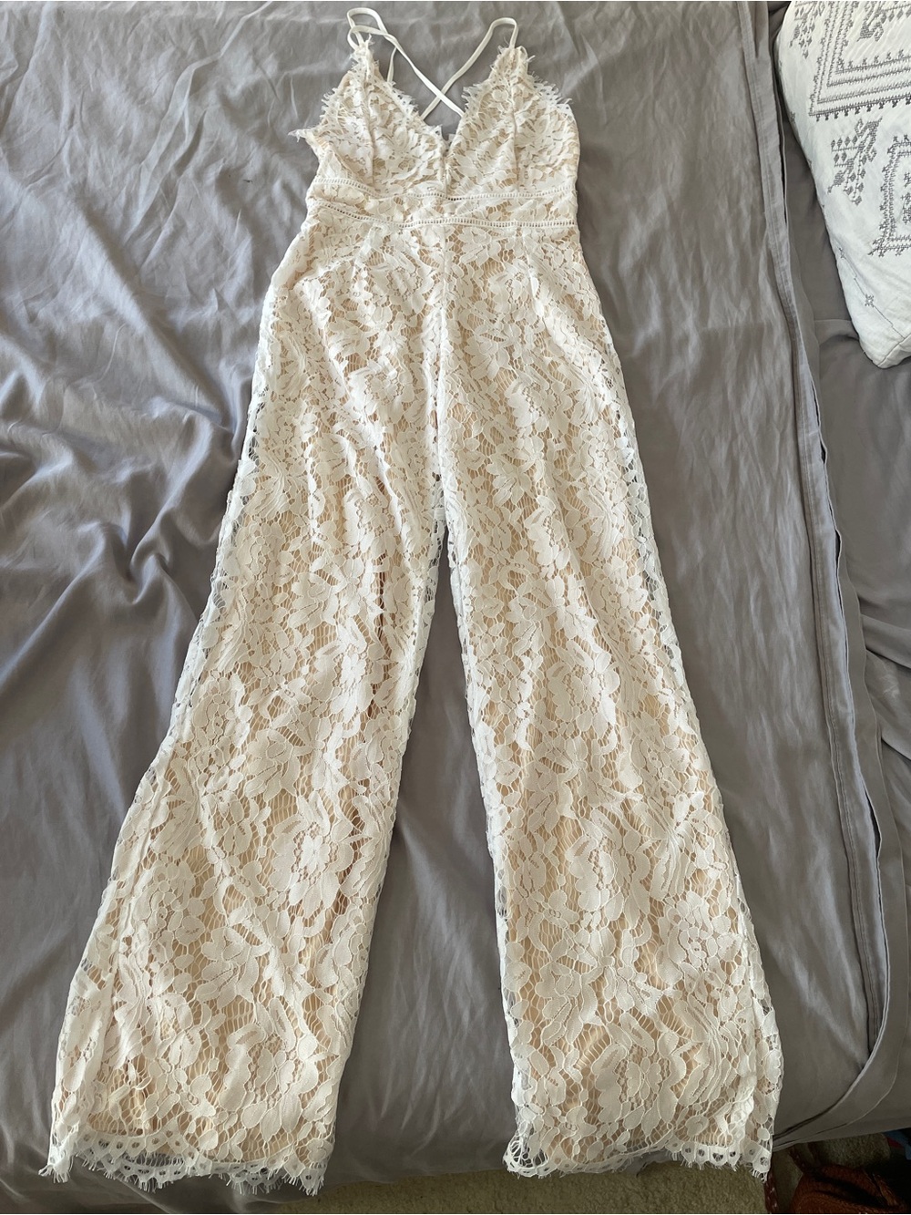 Cream Lace Wide-Leg Spaghetti-Strap Jumpsuit